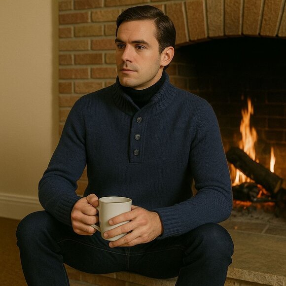 Men Blue Ribbed Sweater XL Cozy Grandpacore Fall Layering Dadcore Warm - Picture 1 of 11